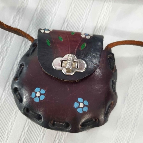 Vintage Genuine Leather Floral Embossed Tooled Hand Painted Mexican Mini Bag - Picture 5 of 8